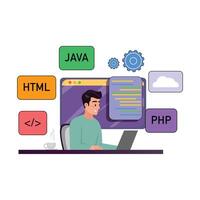 Developer working on laptop with coding symbols, cloud signs, and a large screen behind vector