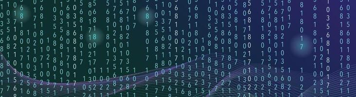 Futuristic digital banner featuring flowing binary data and glowing abstract waves for backgrounds vector