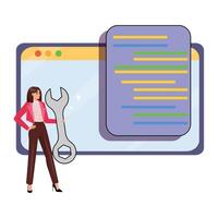 Web development concept with woman fixing code using a wrench and glowing tech elements vector