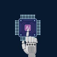 Futuristic illustration of robot hand highlighting AI processor in a circuit filled environment vector