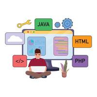 Programmer in lotus pose working on laptop with tech symbols like PHP, Java, and cloud vector