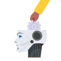 Illustration of human robot teamwork with mechanical parts and futuristic repair concepts vector