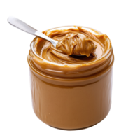 Close up View of Creamy Peanut Butter in Glass Jar with Silver Spoon on . for Culinary Use png