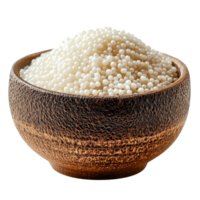 Bowl of Tiny White Pearls Shining Brightly in a Rustic Wooden Container on a Light Background png