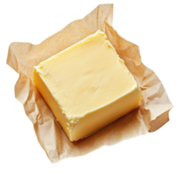 Fresco y cremoso bloquear de mantequilla envuelto en amarillo papel en . para culinario o horneando utilizar png