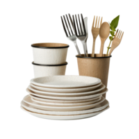 Stylish Kitchenware Arrangement with Plates, Forks, Spoons, Cups, and Natural Elements png