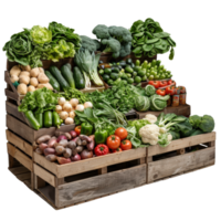Fresh Organic Vegetables Displayed in Wooden Crates at a Market Stall png
