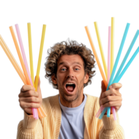 Young man smiling and holding colorful party straws in both hands against plain background png