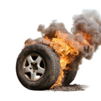 Burning Tire with Smoke Erupting from a Wheel in an Isolated Background png