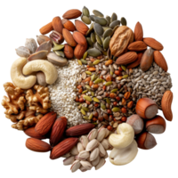 Assortment of Nuts and Seeds Arranged in a Circular Pattern on a . png