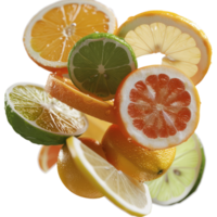 Vibrant Fresh Citrus Fruits in Various Colors and Shapes Floating in Air Creating Dynamic Display png