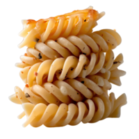 Delicious Spiraled Pasta Stacked in a Tower with Savory Ingredients and Golden Crispy Cheese png
