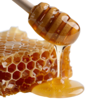 Close-Up of Honey Dripping from Wooden Spoon over Honeycomb Surface with Textured Details png