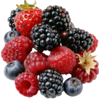Fresh assortment of strawberries, blackberries, raspberries, and blueberries on a . png