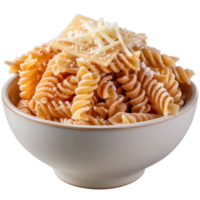 Freshly Cooked Pasta Twists with Grated Cheese Topping in Elegant White Bowl png