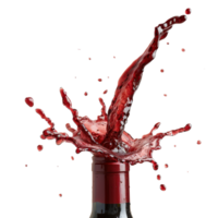 Red wine splashing from bottle in dramatic motion with vibrant droplets and reflections png