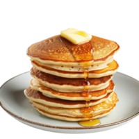 Delicious Stack of Fluffy Pancakes with Butter and Syrup on a White Plate png
