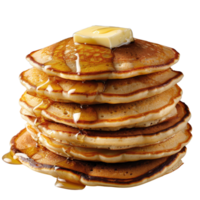 Stack of Fluffy Golden Pancakes with Melted Butter and Drizzling Syrup on a . png