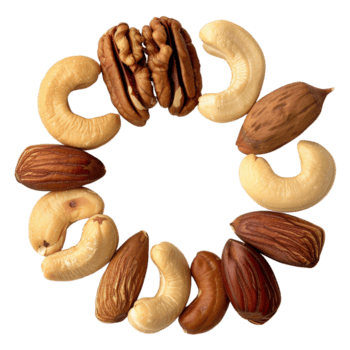 Assorted Nuts Arranged in a Circular Pattern Ideal for Healthy Snacking and Culinary Use png