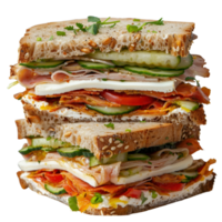 Multi-Layered Sandwich with Fresh Vegetables and Deli Meats on Whole Grain Bread Stack png