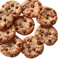Freshly Baked Chocolate Chip Cookies with Melting Chocolate Drops and Crumbly Texture png