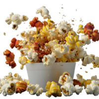 Freshly Popped Gourmet Popcorn in White Bucket with Flavors and Floating Kernels png