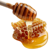 Golden Honey Dripping from Honeycomb with Wooden Dipper in Close-Up Shot png