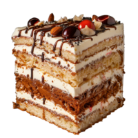 Layered Chocolate and Cream Cake with Nuts and Fruits on Top for Festive Celebrations png