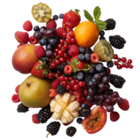 Colorful Array of Fresh Fruits Including Berries, Citrus, and Tropical Delights on . png