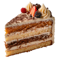 Delicious Slice of Chocolate Cake with Cream Topping and Fresh Berries on a . png