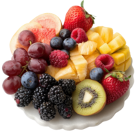 Fresh Assorted Fruits on White Plate Including Berries, Melons, Pineapple and Grapes png