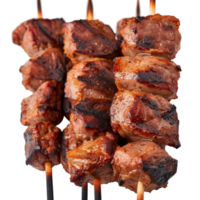 Delicious Grilled Meat Skewers on Skewers with Smoky Charred Surface and Juicy Texture png