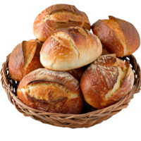 Freshly Baked Artisan Bread Rolls in a Rustic Woven Basket on a . png