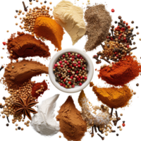 Colorful Collection of Various Spices and Herbs Arranged in Circular Pattern on . png