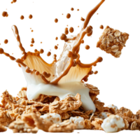 Splash of Milk and Cereal with Nuts Creating Dynamic Visual on a . png