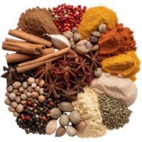 Colorful Assortment of Spices and Herbs Arranged in a Decorative Display on a Rigid Surface png