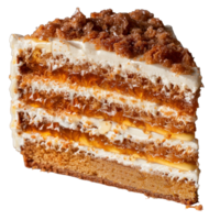 Delicious Layered Cake with Cream, Caramel, and Crumb Topping in a Perfect Slice png