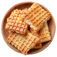 Freshly Baked Crispy Waffles in a Round Wooden Bowl Arranged Neatly on a . png