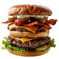 Juicy double cheeseburger with crispy bacon, fresh lettuce, pickles, and creamy sauce on top png
