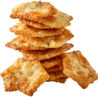 Golden crispy crackers stacked high on a wooden surface with herbs and rich texture png