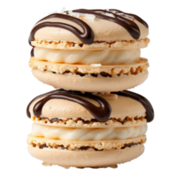 Delicious macarons stacked with chocolate drizzle and coconut flakes on a . png