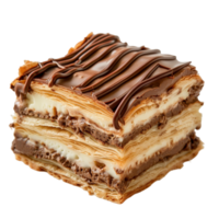 Delicious Chocolate Dessert with Layered Pastry and Creamy Filling in Mouthwatering Presentation png