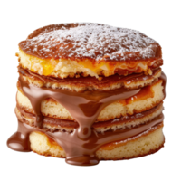 Deliciously Stacked Pancakes with Melted Chocolate and Powdered Sugar Topping png