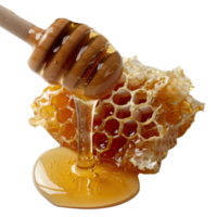 Close-Up of Honey Dripping from Wooden Dipper onto Honeycomb with Glorious Golden Color png