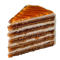 Delicious Layered Honey Cake with Caramel Glaze and Creamy Filling on a . png