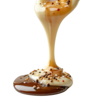 Creamy Chocolate and Caramel Drizzle with Colorful Sprinkles on a Smooth Surface png
