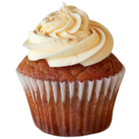 Delicious vanilla cupcake with swirls of creamy frosting and golden sprinkles on top png