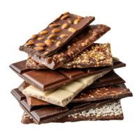 Assorted Gourmet Chocolate Bars with Nuts and Unique Toppings Stacked Aesthetic Arrangement png