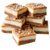 Delightful Homemade Caramel and Coconut Dessert Squares Stacked in a Tempting Arrangement png