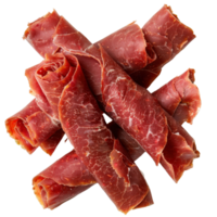 Delicately Rolled Beef Jerky Strips on White Background for Culinary and Snack Purposes png